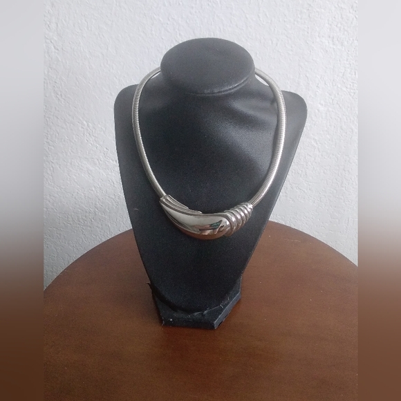 Vintage Choker Necklace Silvertone Chunky Bean Jewelry Statement 80s - Picture 4 of 5